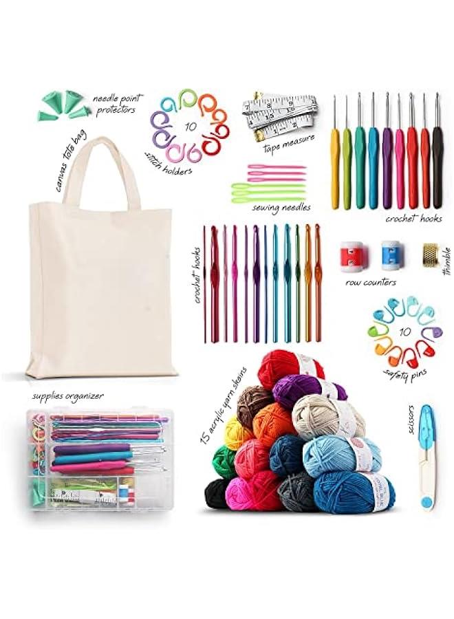 RYNX Crochet Kit with Yarn Hooks Set Premium Bundle Includes Balls Needles Accessories Canvas Tote Bag Starter  for Kids Adults Beginners Professionals - Image 4