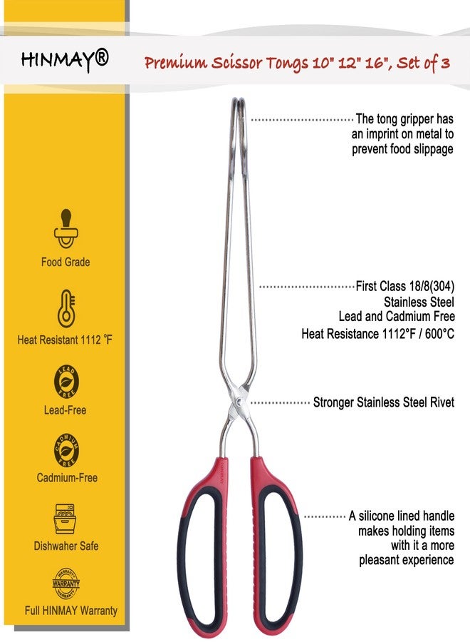 HINMAY Stainless Steel Kitchen Scissor Tongs Set for Cooking, Grilling & Serving, 3-Piece with Red Handle (10/12/16 Inch) - Image 2