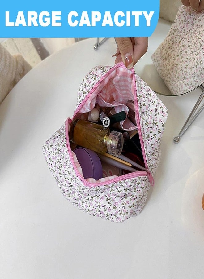 FITINI Makeup Bag Travel Large Portable Quilted Floral Print Cosmetic Organizer Cute Pouch for Women Soft Cotton Zipper Waterproof Toiletry Storage Bags,Pink Flower - Image 5