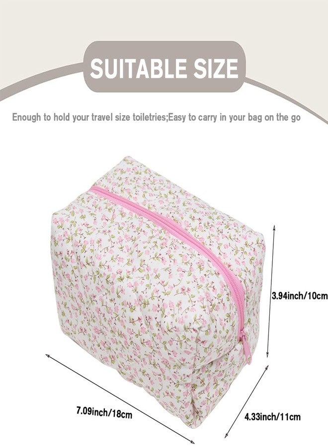 FITINI Makeup Bag Travel Large Portable Quilted Floral Print Cosmetic Organizer Cute Pouch for Women Soft Cotton Zipper Waterproof Toiletry Storage Bags,Pink Flower - Image 2