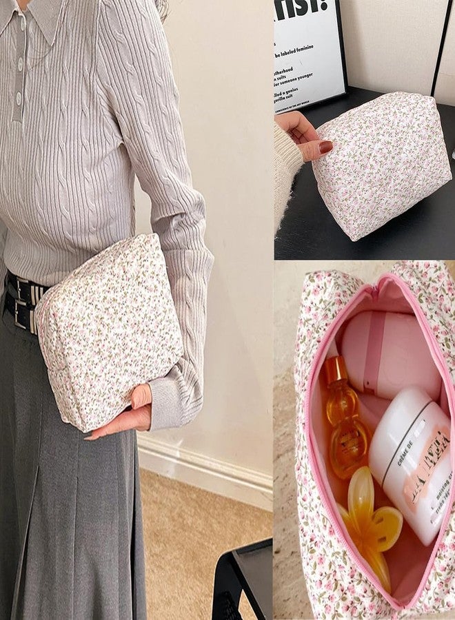 FITINI Makeup Bag Travel Large Portable Quilted Floral Print Cosmetic Organizer Cute Pouch for Women Soft Cotton Zipper Waterproof Toiletry Storage Bags,Pink Flower - Image 4