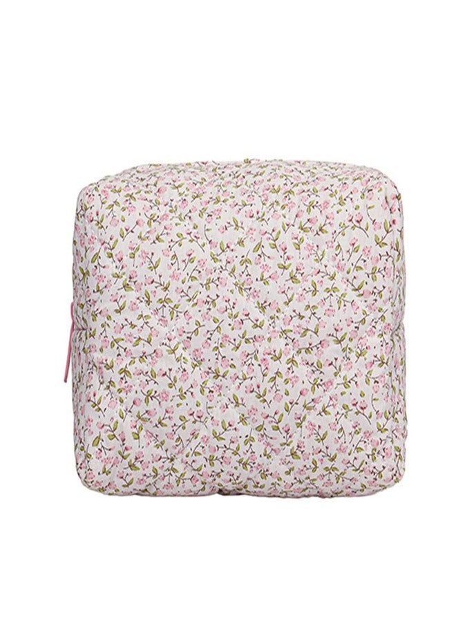 FITINI Makeup Bag Travel Large Portable Quilted Floral Print Cosmetic Organizer Cute Pouch for Women Soft Cotton Zipper Waterproof Toiletry Storage Bags,Pink Flower - Image 1