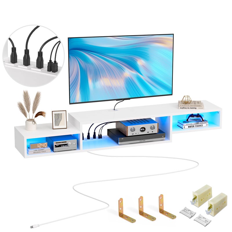 FABATO 59 Floating TV Stand with LED Light Power Outlet Floating Shelf for Under TV Wall Mount with Storage Shelf Media Console Entertainment Center for Living Room White