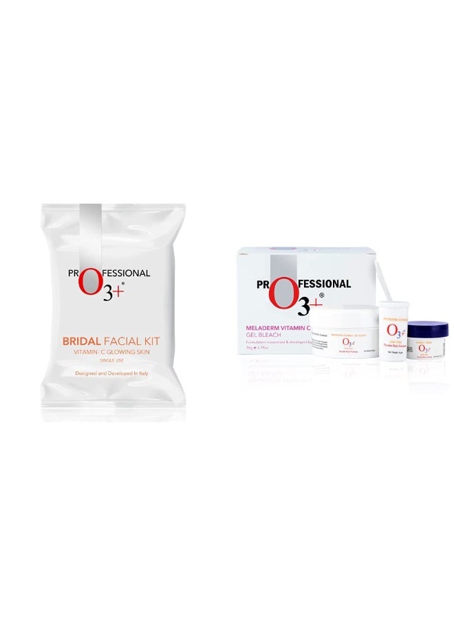 O3+ Bridal Facial Kit Vitamin C Glowing Skin for Bright and Radiant Complexion Suitable for All Skin Types 136g + O3+ Meladerm Vitamin C Gel Bleach for Skin Whitening and Hair Lightening 96g - Image 1