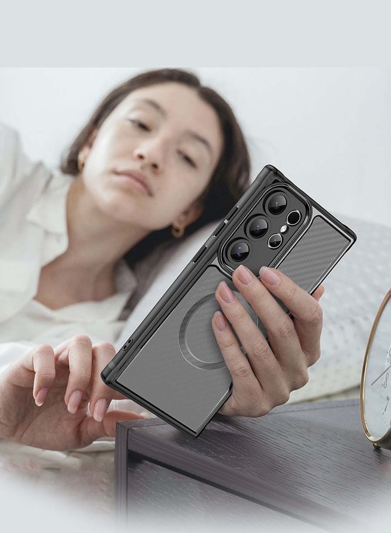 دبليو تيك سامسونج جالاكسي S25 الترا 2025 بريميوم 100 اس فوكس بكسل سلسلة مادة ألياف الكربون الهجينة TPU مع غطاء جراب حماية من السقوط الكامل MagSafe - أسود - Image 4