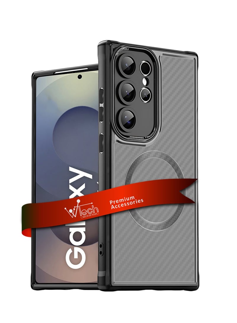 دبليو تيك سامسونج جالاكسي S25 الترا 2025 بريميوم 100 اس فوكس بكسل سلسلة مادة ألياف الكربون الهجينة TPU مع غطاء جراب حماية من السقوط الكامل MagSafe - أسود - Image 1