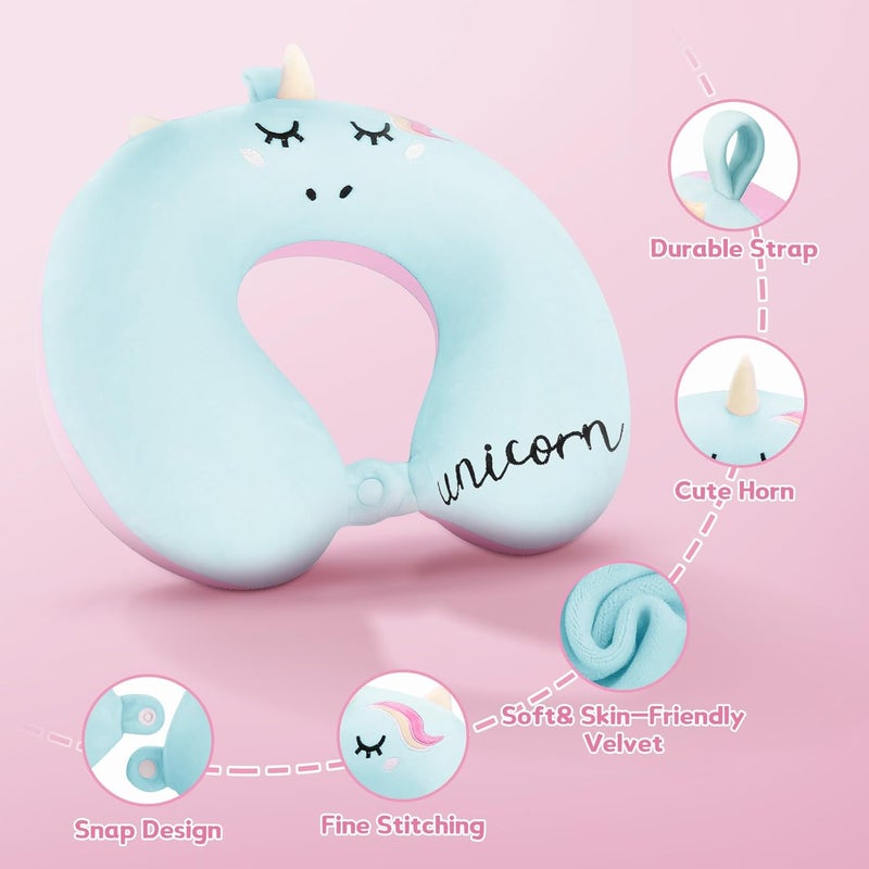 OBloved Toddler Neck Pillow, Kids Travel Neck Pillow for Traveling with Eye Mask, Toddler Cute Unicorn Airplane Travel Essentials, Memory Foam Car Flight Sleeping Headrest for Baby Boy Girl Child Gift (Blue) - Image 2