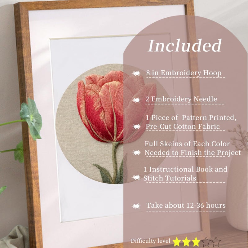 FONNUY Embroidery Kit for Beginners, Tulips Flowers Pre-Stamped Pattern Kits for Adults with Hoop, Easy to Follow Color Thread Needlework, 8'' Hoop (Red) - Image 2
