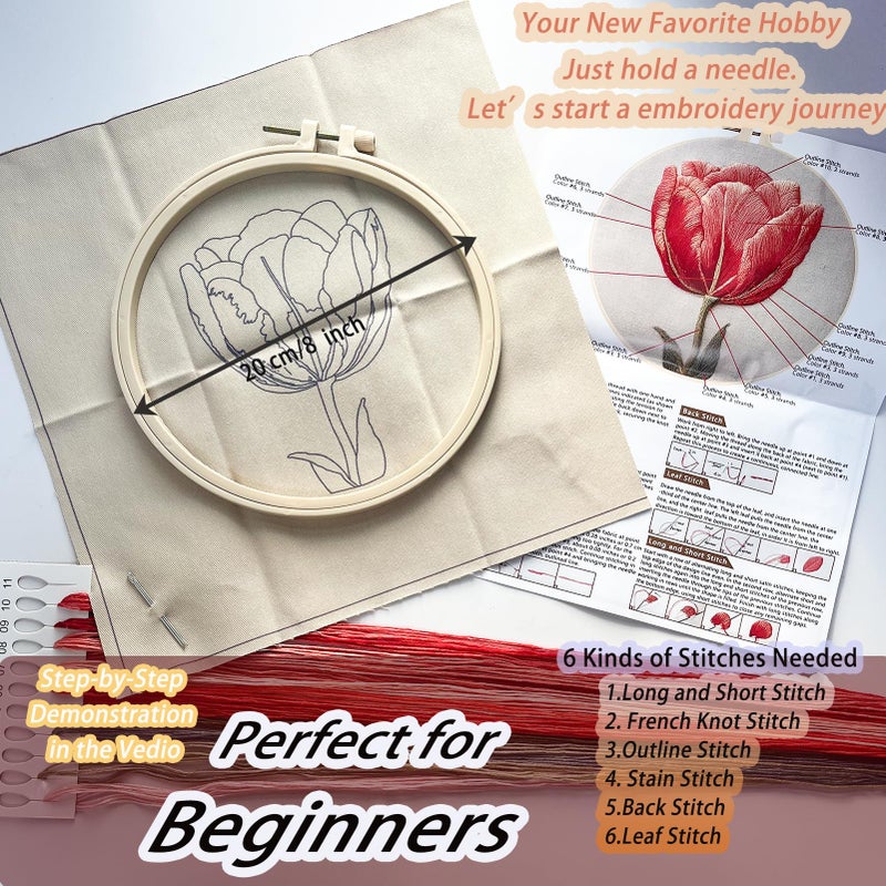 FONNUY Embroidery Kit for Beginners, Tulips Flowers Pre-Stamped Pattern Kits for Adults with Hoop, Easy to Follow Color Thread Needlework, 8'' Hoop (Red) - Image 5