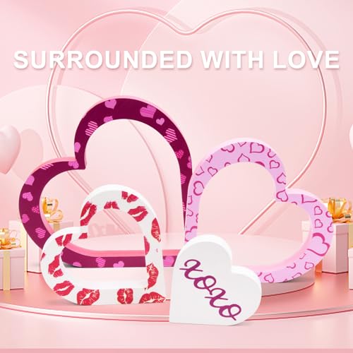 BHLUUIYER Wooden Valentines Day Decor - 4 PCS Double-Sided Cute Wood Heart Signs for Valentines Decorations - Valentines Day Decorations for The Home, Table, Tiered Tray, Mantel, Office, Bedroom - Image 2