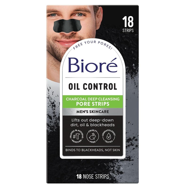 Bioré Men's Oil Control Charcoal Deep Cleansing Pore Strips, Blackhead Strips With Charcoal for Men, Blackhead Remover Strips For All Skin Types, Pore Strips for Blackheads, 18 Count - Image 1