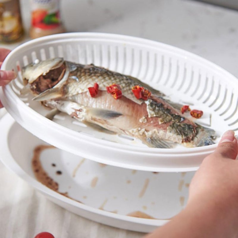 Microwave Fish Steamer Plate with Lid, Versatile Vegetable and Fish Steaming Dish, Fast Heat-conductive Covered Food Steamer for Healthy Kitchen Cooking - Image 5