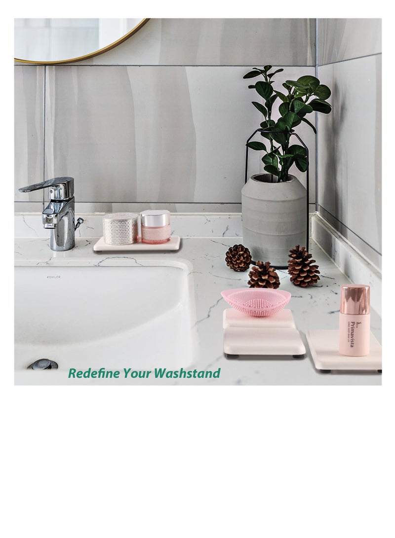 Excefore صينية دياتوميت ماصة للماء، مجموعة من 4 صواني حوض الحمام، صينية مطبخ من تراب الدياتوميت، حامل صابون يدوي، حجر ماص للماء يستخدم للنباتات ومستحضرات التجميل في المنزل العصري، أبيض - Image 4