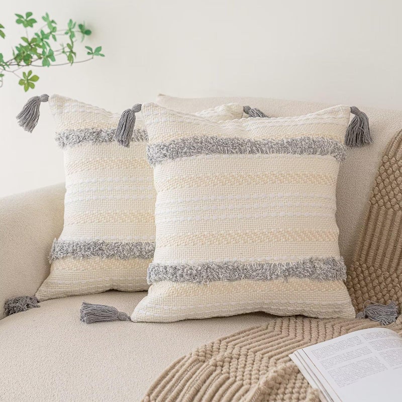 BUIOVBEY Boho Throw Pillow Covers 18x18 Set of 2 Woven Tufted Farmhouse Pillows Cover with Tassels Textured Striped Cushion Case Neutral Pillow Cases Decorative Pillowcase for Sofa, Couch, Bed, Light Grey - Image 1