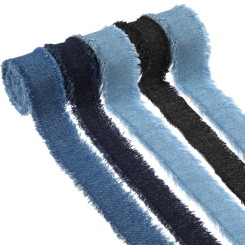 APLZGMG 5 Rolls 10 Yard Denim Frayed Edge Fabric Ribbon 4 Assorted Colors Denim Ribbon Rustic Cotton Jean Ribbons for Gift Wrapping Wedding Decor Hair Accessories DIY Craft Sewing Project1 Inch Width - Image 3