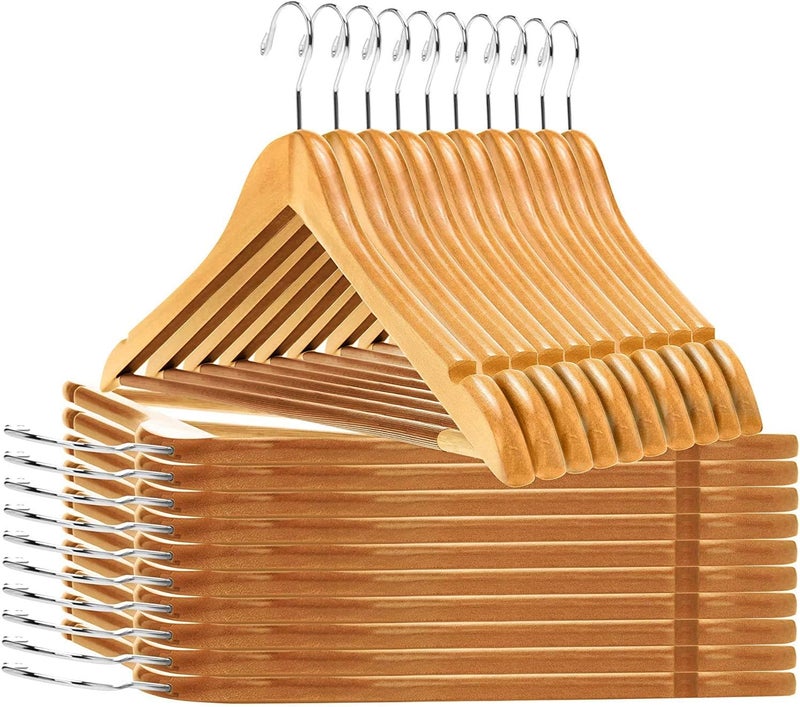 Quality Hangers Wooden - Slightly Curved Hanger 30-Pack Sets - Solid Wood Coat with Stylish Chrome Hooks - Heavy-Duty Clothes, Jacket, Shirt, Pants, Suit (Natural, 30), 17.5 inch - Image 1
