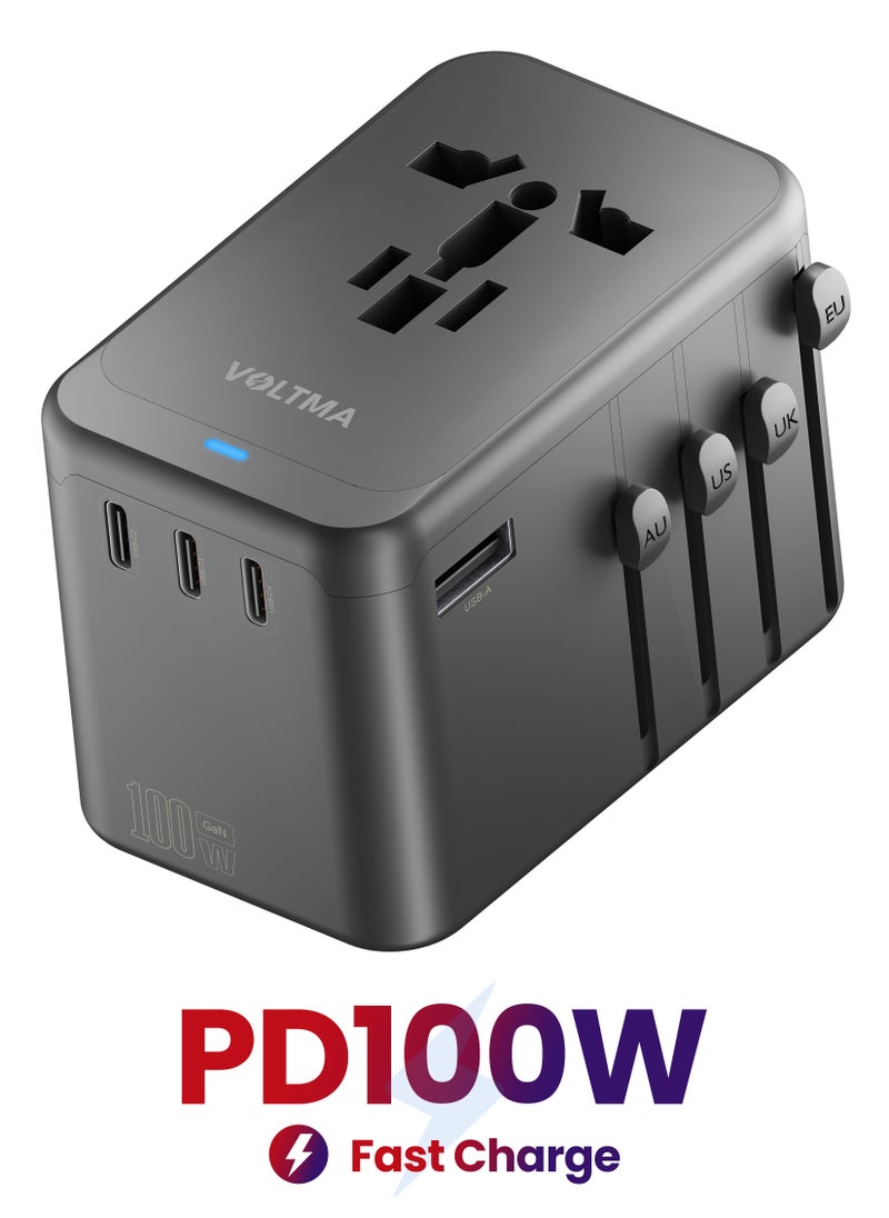 VOLTMA - Universal Travel Adapter PD 100W, Fast Charging International Charger Adapter with 4 USB C & 1 USB A Ports, Auto-Resetting Fuse, Surge Protect With 2500W AC Socket compatible with PD3.0/2.0, QC3.0, PPS, Apple, Macbook - Image 1