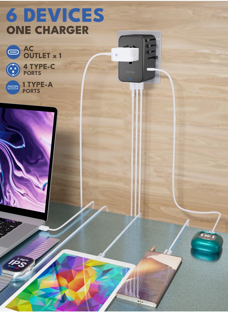 VOLTMA - Universal Travel Adapter PD 100W, Fast Charging International Charger Adapter with 4 USB C & 1 USB A Ports, Auto-Resetting Fuse, Surge Protect With 2500W AC Socket compatible with PD3.0/2.0, QC3.0, PPS, Apple, Macbook - Image 1
