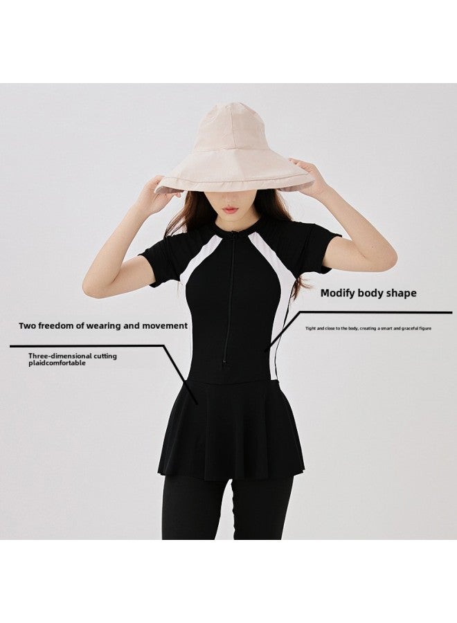 Generic Full-body Long-sleeved Sunscreen Swimsuit Conservative Skirt One-piece Long-sleeved Trousers Sports Swimsuit Women's Diving Suit-Color:5590 Short-sleeved One-piece (shorts + Trousers)-Size:L (44.50 Kg-48.00 Kg  - Image 5