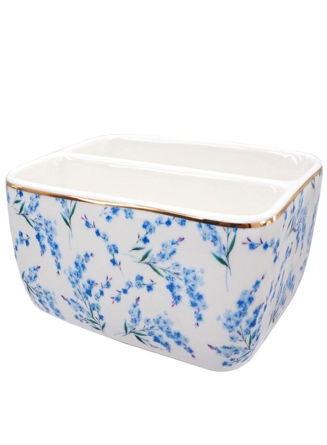 LEAZUL 2 Compartments Ceramic Sponge Holder for Kitchen Sink, Cute Floral Countertop Dish Sponges Holder Soap Sink Organizer Farmhouse Caddy Blue Flowers - Image 1