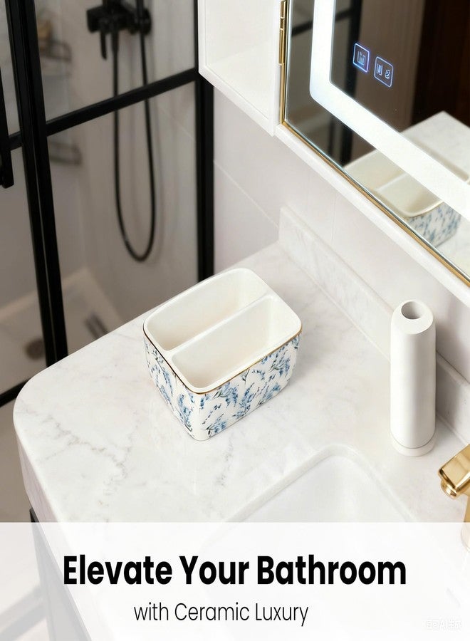 LEAZUL 2 Compartments Ceramic Sponge Holder for Kitchen Sink, Cute Floral Countertop Dish Sponges Holder Soap Sink Organizer Farmhouse Caddy Blue Flowers - Image 4