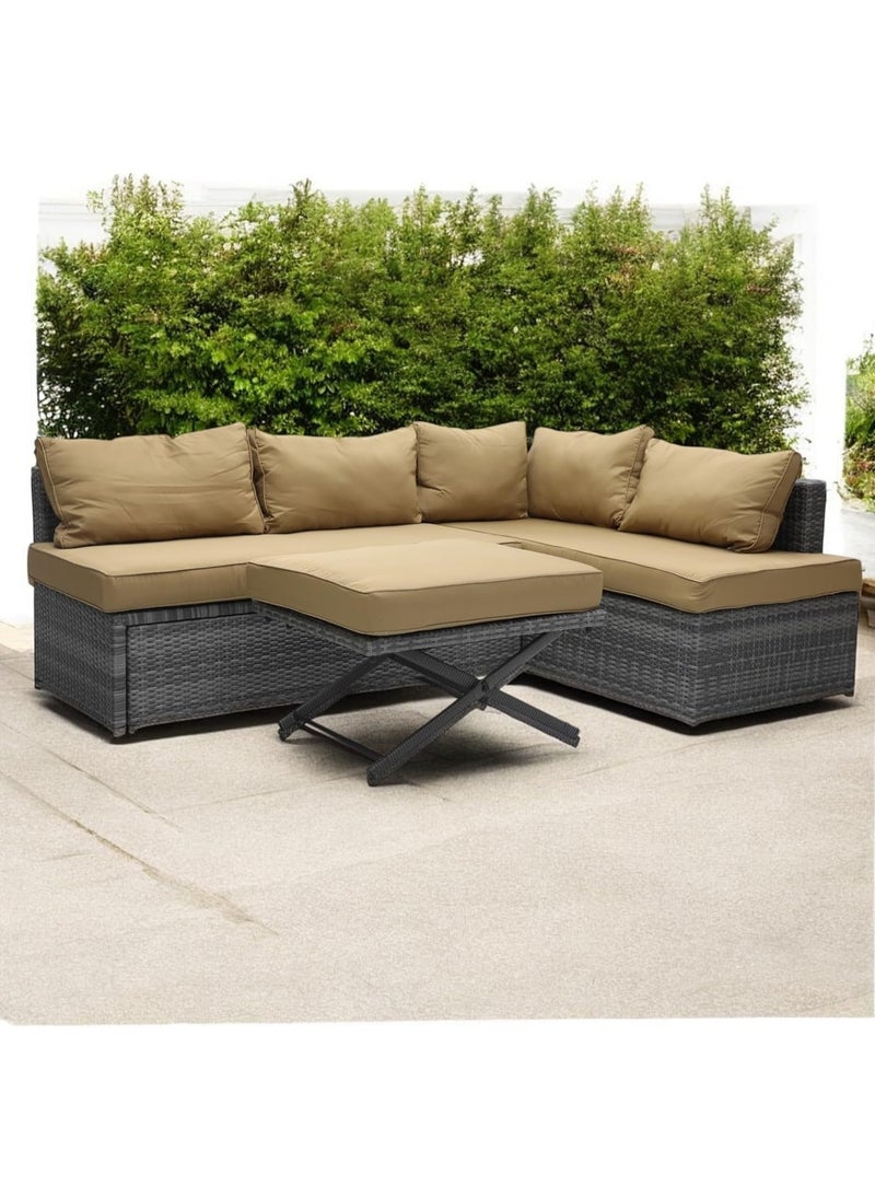 KARNAK - Karnak Garden Lounge Set with Cushions Outdoor Patio Sofa, Balcony Set, Coffee Table, Yard Lounge Bench Poly Rattan Grey & Cushion Golden - Image 1