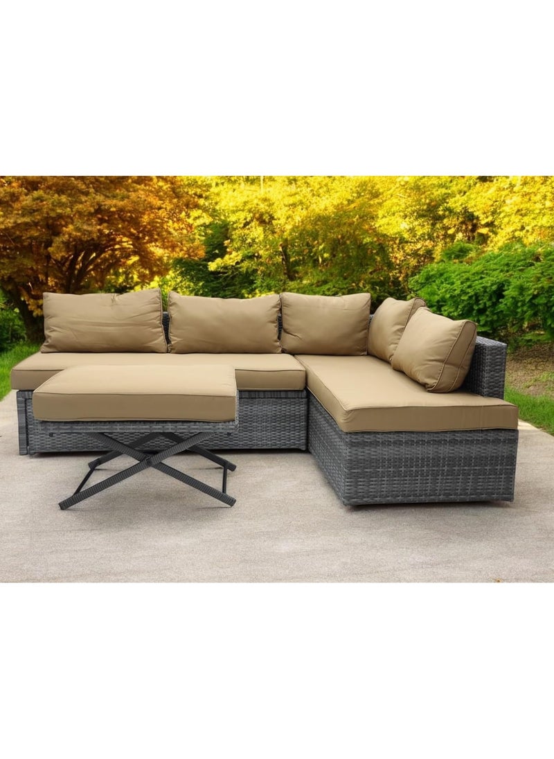KARNAK - Karnak Garden Lounge Set with Cushions Outdoor Patio Sofa, Balcony Set, Coffee Table, Yard Lounge Bench Poly Rattan Grey & Cushion Golden - Image 1