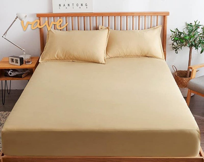 Luxury Fitted Bed Sheet Set, Camel Beige, 180x200x30cm, 3-Piece Set with Elastic Sheet and 2 Pillowcases, Double Bed Size, Soft Breathable Wrinkle-Free Design