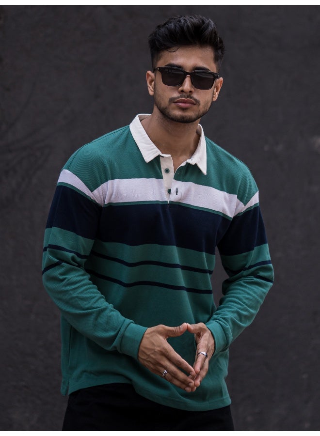Maniac Mens Polo Neck Auto Striped Full Sleeve Green, Black Cotton Slim Fit T-Shirt - Image 2