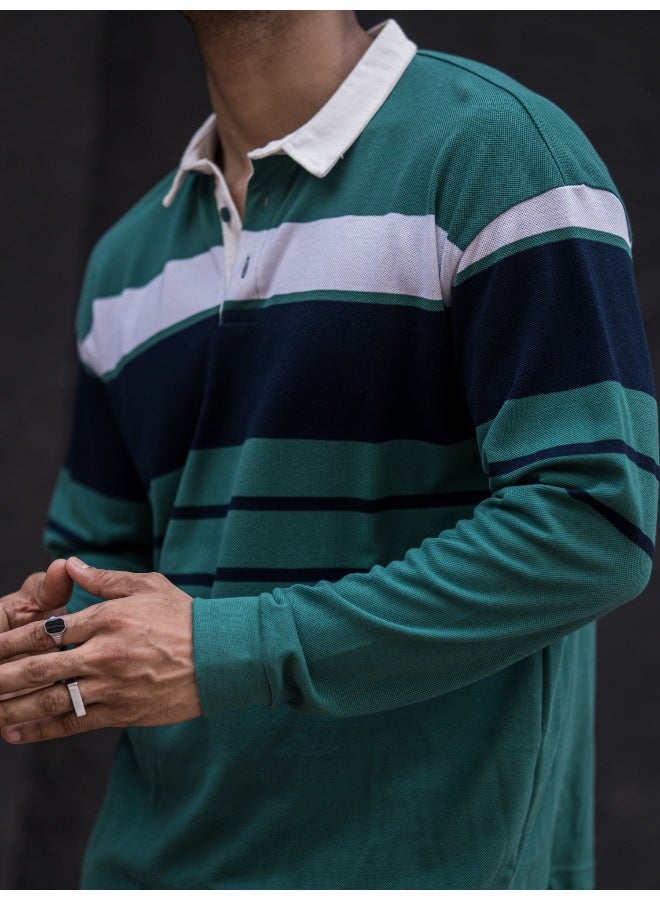 Maniac Mens Polo Neck Auto Striped Full Sleeve Green, Black Cotton Slim Fit T-Shirt - Image 5