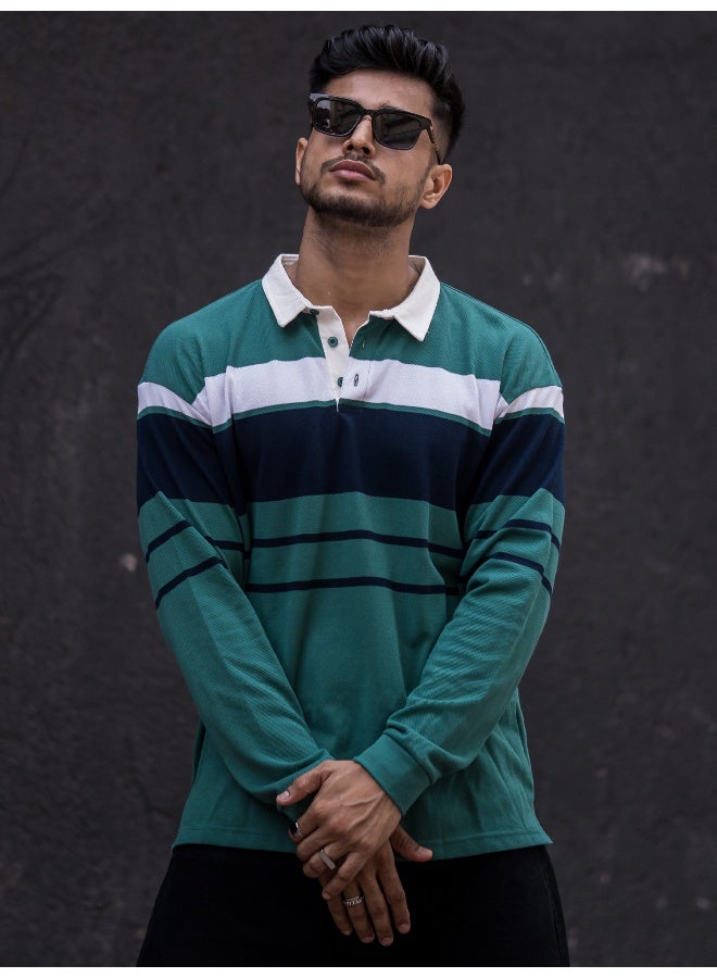 Maniac Mens Polo Neck Auto Striped Full Sleeve Green, Black Cotton Slim Fit T-Shirt - Image 3