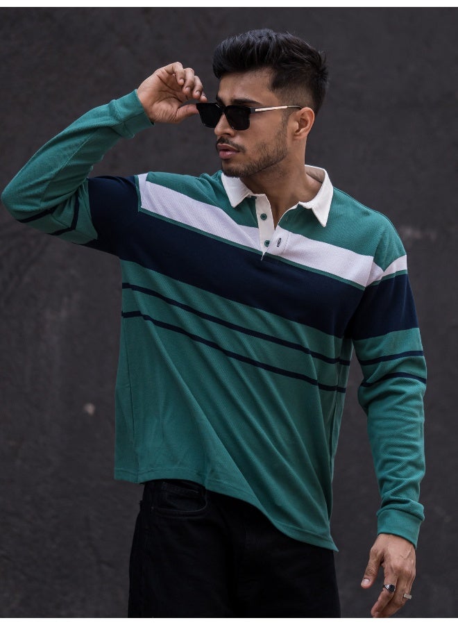 Maniac Mens Polo Neck Auto Striped Full Sleeve Green, Black Cotton Slim Fit T-Shirt - Image 1