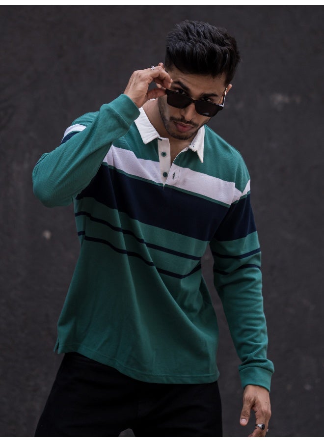 Maniac Mens Polo Neck Auto Striped Full Sleeve Green, Black Cotton Slim Fit T-Shirt - Image 4