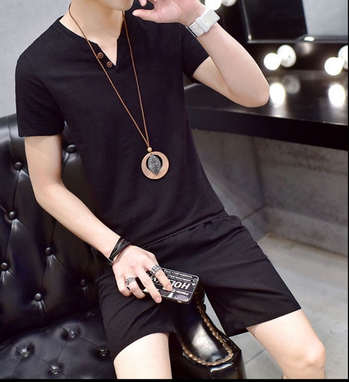 23 New Mens Cotton and Linen Short-sleeved suit Two-button Linen suit Short-sleeved T-shirt Shorts Mens Casual Two-piece Set Dark blue - Image 2