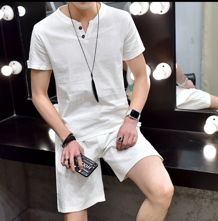 23 New Mens Cotton and Linen Short-sleeved suit Two-button Linen suit Short-sleeved T-shirt Shorts Mens Casual Two-piece Set Dark blue - Image 4