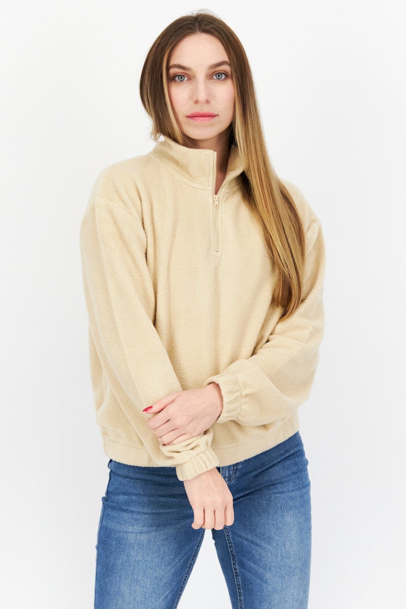 STEVE MADDEN BB Dakota by Steve Madden Women High Neck Long Sleeve Textured Half Zip Sweatshirt, Beige - Image 1