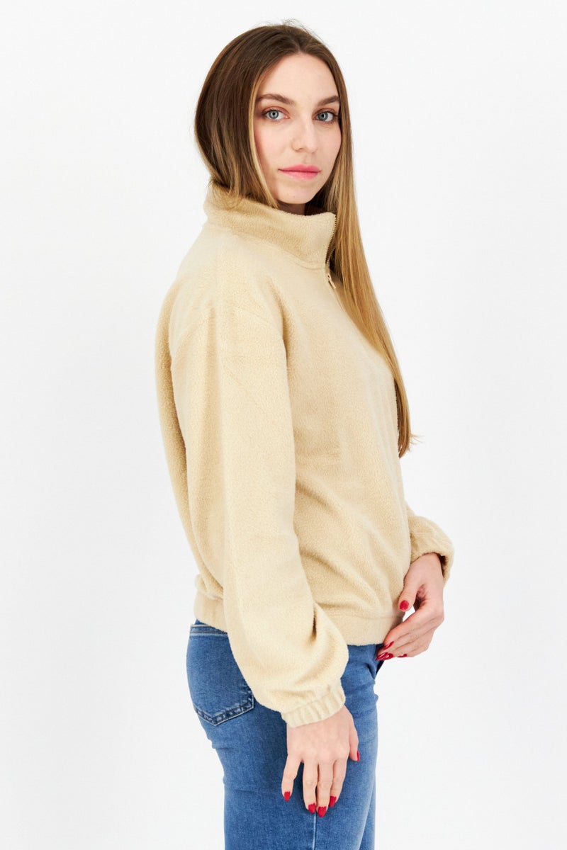 STEVE MADDEN BB Dakota by Steve Madden Women High Neck Long Sleeve Textured Half Zip Sweatshirt, Beige - Image 2