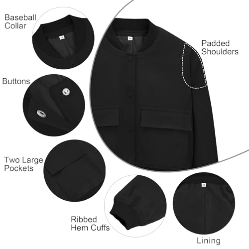 Zando Cropped Bomber Jacket Women - Short Black Cropped Jacket Women Button Down Jackets for Womens Trendy with Pockets Long Sleeve Baseball Casual Varsity Jackets for Daily Work Outdoor Travel S - Image 2