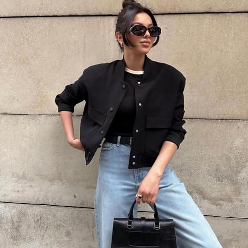 Zando Cropped Bomber Jacket Women - Short Black Cropped Jacket Women Button Down Jackets for Womens Trendy with Pockets Long Sleeve Baseball Casual Varsity Jackets for Daily Work Outdoor Travel S - Image 4