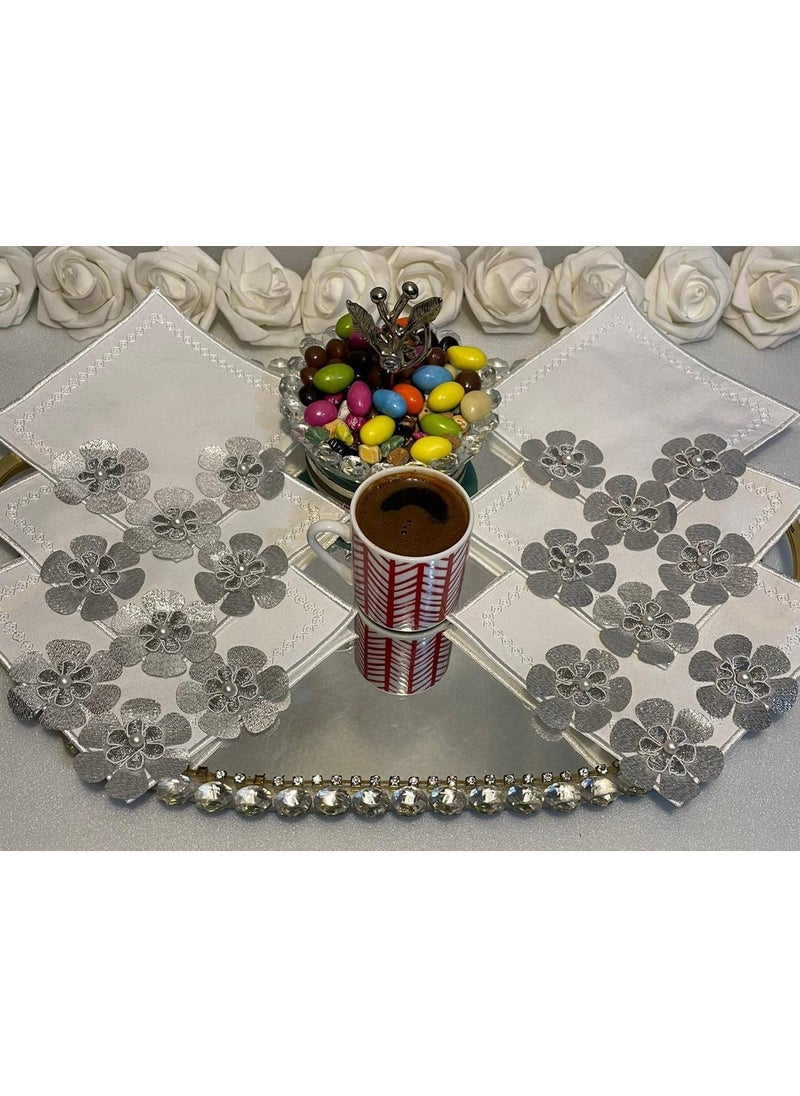 Lady Rio Coffee Napkin, Cocktail Napkin, Presentation Napkin, Tray Napkin, Embroidered Napkin, 3D Pearls (6 Pieces) 