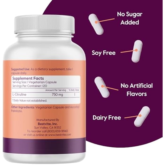 BESTVITE L-Citrulline 750mg per Capsule (120 Vegetarian Capsules) - No Stearates - No Silica - No Fillers - Non GMO - Gluten Free - Vegan - Image 3