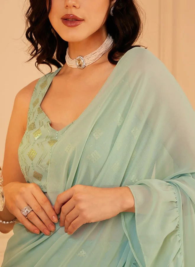Indo Street Pastel Green Ruffled Indo Fusion Top & Palazzos Set for Women