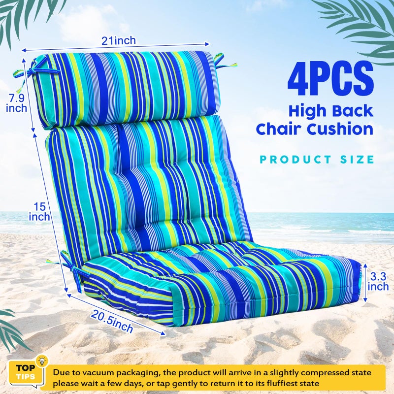 Barydat 4 Pcs Tufted High Back Chair Cushion Indoor Outdoor Seat and Back Cushions Palm Leaves Tropical Plants Lawn Rocking Chair Pads with Ties for Adirondack Patio Garden(Blue Stripes) - Image 2