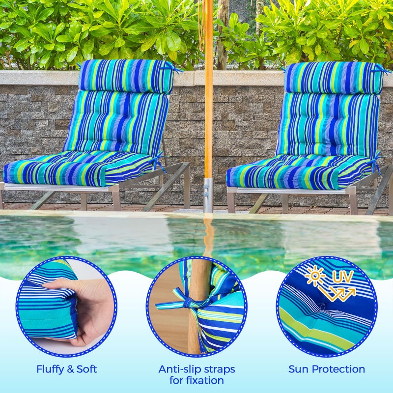 Barydat 4 Pcs Tufted High Back Chair Cushion Indoor Outdoor Seat and Back Cushions Palm Leaves Tropical Plants Lawn Rocking Chair Pads with Ties for Adirondack Patio Garden(Blue Stripes) - Image 3