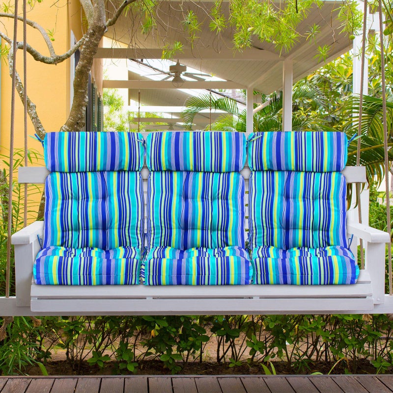 Barydat 4 Pcs Tufted High Back Chair Cushion Indoor Outdoor Seat and Back Cushions Palm Leaves Tropical Plants Lawn Rocking Chair Pads with Ties for Adirondack Patio Garden(Blue Stripes) - Image 5