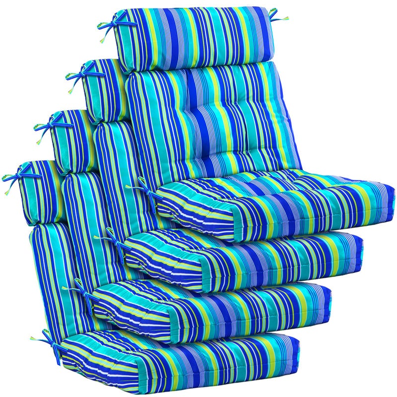 Barydat 4 Pcs Tufted High Back Chair Cushion Indoor Outdoor Seat and Back Cushions Palm Leaves Tropical Plants Lawn Rocking Chair Pads with Ties for Adirondack Patio Garden(Blue Stripes) - Image 1