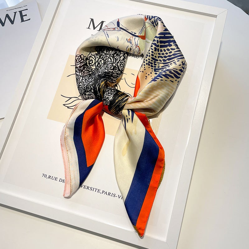 Oil painting small square scarf silk scarf for women Spring Autumn Winter mom matching shirt neck protection scarf scarf scarf 70x70 Color matching horse 70 square scarf-Blue Orange