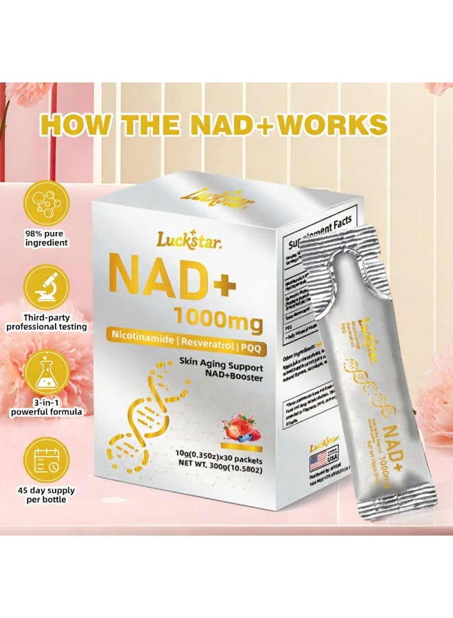 Luckstar NAD+ 1000mg Powder, Niacinamide, Resveratrol, PQQ, Anti-Aging Cellular Energy Supplement, Portable Berry Flavor, 30 Sachets - Image 3