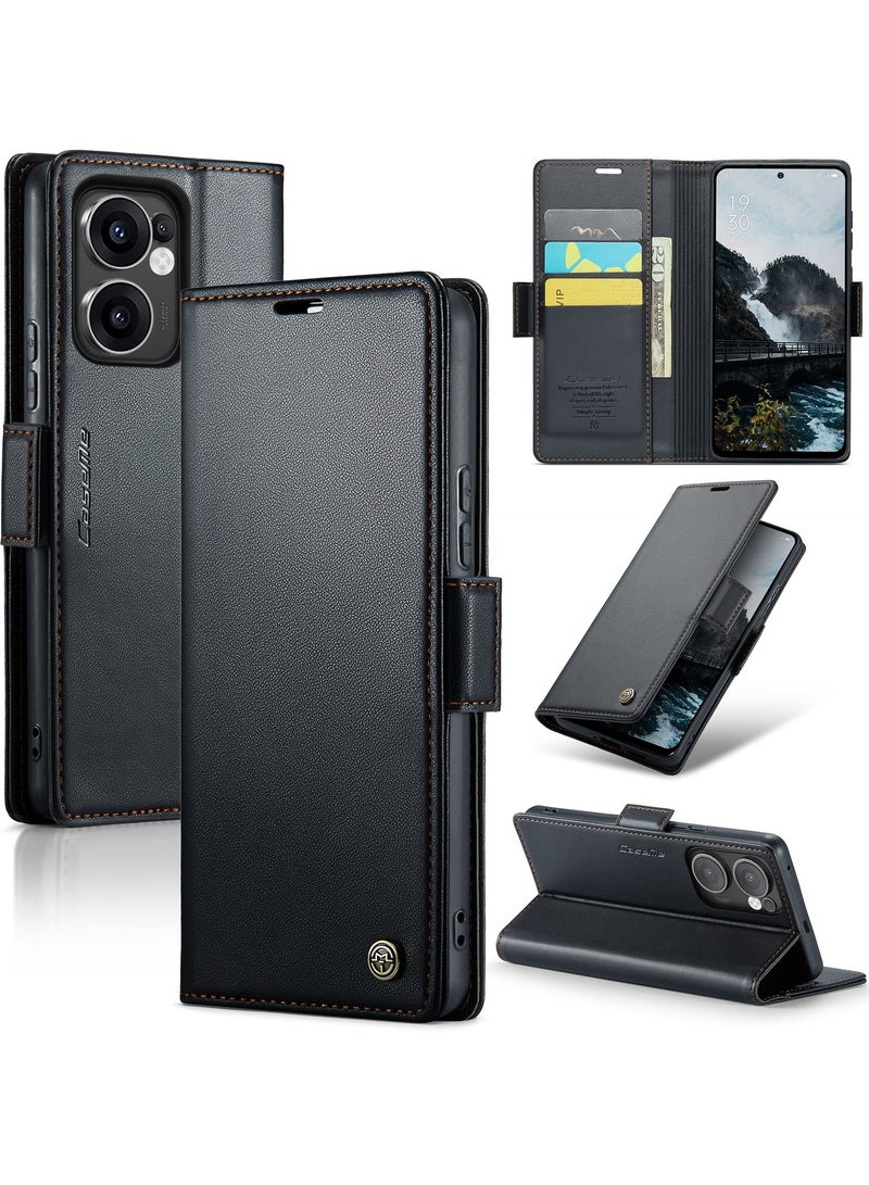 CaseMe Phone Case Luxury PU Leather Design Anti Fingerprint 023 Flip Cover Card Slot Holder Cover For Oppo Reno 13F (Black ) - Image 1