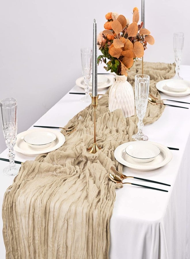 Pmeixcy Brown Table Runner, Cheese Cloth Table Runner, Table Runners for Centre Table, Boho Cheesecloth Table Runners - Light Brown Gauze Tablecloth for Wedding, Party & Home Decoration (300x90cm) - Image 1